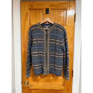 Carroll Reed 100% Wool Nordic Fair Isle Cardigan Sweater M Pewter Clasps Folk